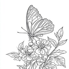 Fototapeta premium Butterfly on Flower: Line art drawing of a butterfly delicately perched on a flower, showcasing intricate details of both the insect and bloom. 