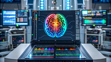 High-tech interface displaying a colorful brain scan in a futuristic lab setting.
