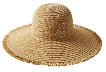 Wide-Brimmed Woven Straw Sun Hat with Frayed Edge and Dome Crown on White Background