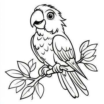 Parrot Perched on Branch: A charming illustration of a parrot perched on a leafy branch, with a detailed outline perfect for coloring or design projects.