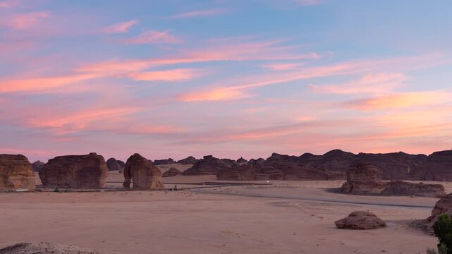 Time lapse of sunset sunrise in Elephant rock in Alula, Saudi Arabia.
