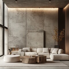 A modern living room showcases concrete and wood furnishings elegantly