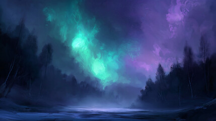 Fototapeta premium Soft green and purple auroras illuminating the dark sky above a snowy landscape