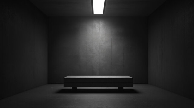 A bare empty prison cell with only a concrete slab for a bed and stark walls