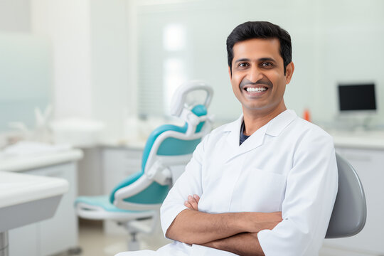Smiling Indian dentist in his modern clinic, providing professional dental care and promoting oral health with a friendly and confident approach to patient treatment and dental hygiene.



