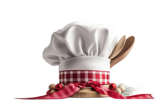 Festive Christmas Chef Hat with Wooden Spoons, Red Ribbon, and Ornaments