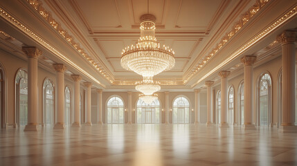 Obraz premium A grand chandelier casting a soft glow over an empty, elegant ballroom with high ceilings