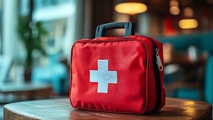 A red first aid kit sits on a table, in front of a blurred, indoor background. The kit has a white cross in the center.