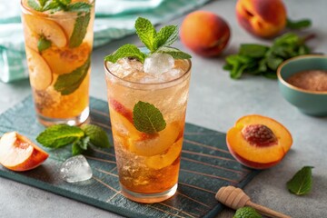 Fototapeta premium Refreshing Summer Peach Iced Tea With Mint and Ice Generative AI