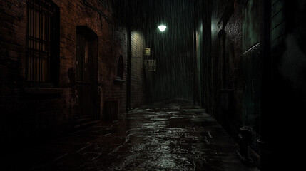 Deserted Alley at Night with Wet Ground Reflecting Streetlights: Urban Shadows Create Haunting Atmosphere