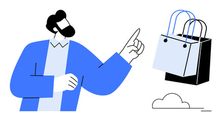 Man wearing a blue jacket points at floating shopping bags. Ideal for ecommerce, retail shopping, consumer behavior, online marketing, digital commerce, sales trends. Abstract line flat metaphor