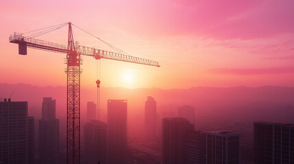 Obraz premium Massive construction crane towering over city skyline symbolizing modern engineering prowess and dynamic urban growth