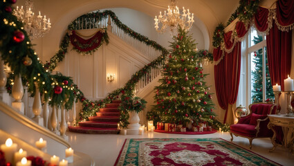 Fototapeta premium A Grand, Opulent Christmas Scene Unfolds In A Majestic Mansion, A Breathtakingly Decorated Staircase And A Magnificent Christmas Tree Bathed In Warm, Inviting Candlelight
