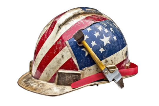Worn American Flag Hard Hat with Tools Construction, Labor Day, Patriotism Image - Powered by Adobe
