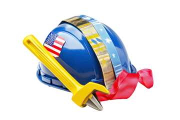 American Labor Day Blue Hard Hat, Wrench, USA Flag & Ribbons