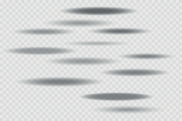 Different realistic round shadow, soft shapes on transparent background. Gray circular and ellipse shadows set. Vector illustration.