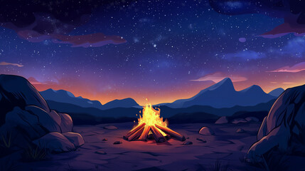 Brilliant campfire igniting the arid desert night, radiating warmth and adventurous spirit under endless skies