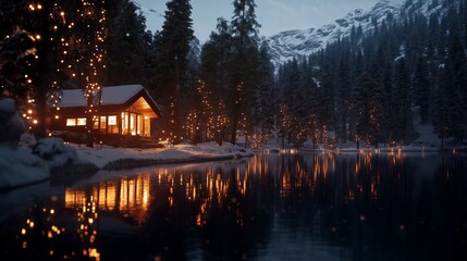 Fototapeta premium Snow-covered cabin by winter lake with glowing lights in forest