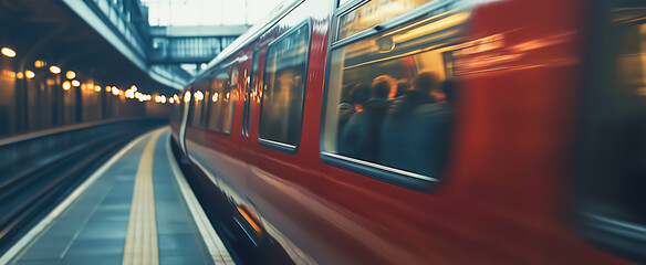 Blurred red train arriving at station during evening commute