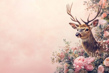 Easter Background, Easter Banner, Elegant Deer Portrait Amidst Blooming Pink Peonies and Roses