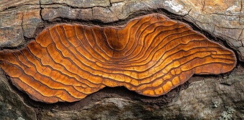 An unusual brown fungus growing on the weathered tree bark surface