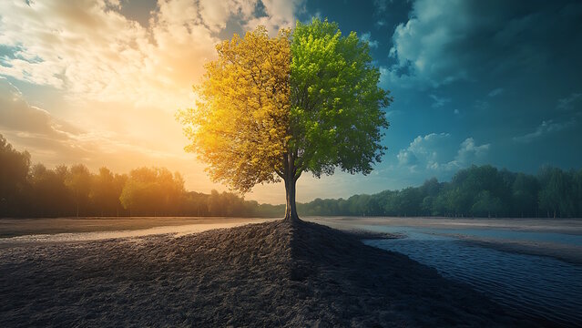 A lone tree stands strong with half green leaves and half yellow under stormy skies. This image is ready for submission, awaiting a descriptive title and keywords.