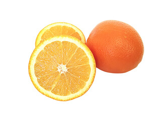 Orange isolated on transparent background. Two Juicy fruits in a cut next to a whole orange. Citrus slices.