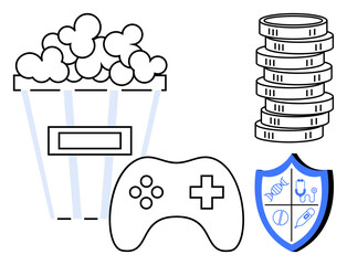 Popcorn bucket, gaming controller, coin stack, and shield with medical symbols highlight gaming, entertainment, finance, and health. Ideal for leisure, gaming economy health-security digital