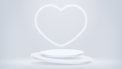 Two light grey levitating podiums for product presentation with big white neon heart