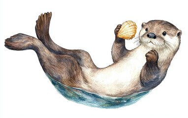 Obraz premium Painted drawing illustration of a little otter floating on its back, holding a seashell. On white background. Kids book style
