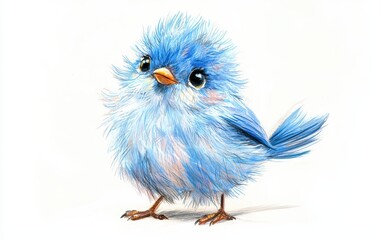Fototapeta premium Painted drawing illustration of a small bluebird with fluffy feathers and a cheerful expression. On white background. Kids book style