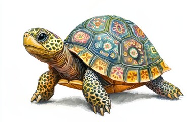 Obraz premium Painted drawing illustration of a tiny turtle with a patterned shell. On white background. Kids book style