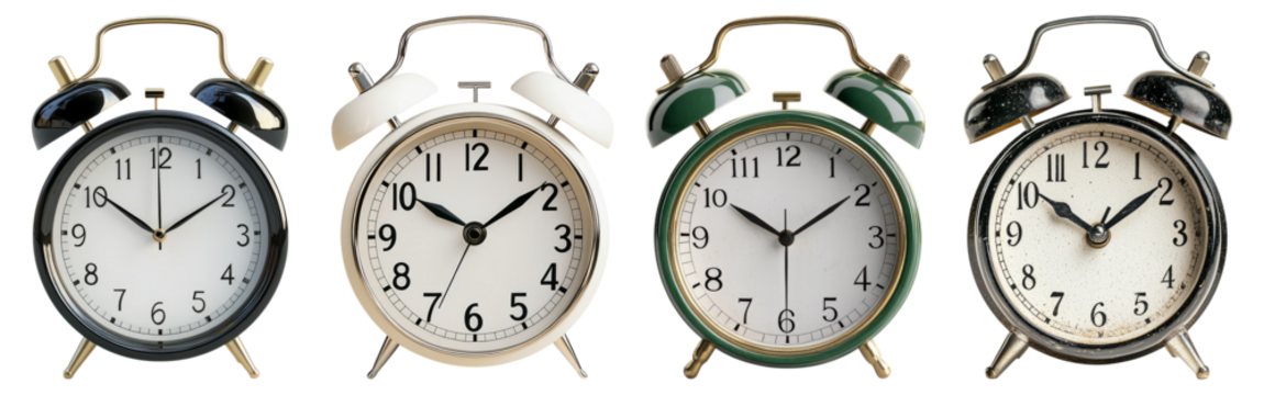 Vintage Alarm Clocks Set on White Background with Unique Designs, Isolated on Transparent Background