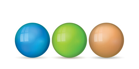 Set with glass colorful balls. Glossy realistic ball, 3D abstract vector illustration highlighted on a white background. Big metal bubble with shadow.