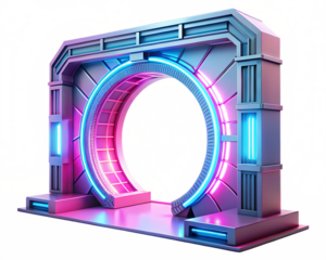 futuristic energy portal gate in pink and blue isolated on white background PNG , AI GENERATED