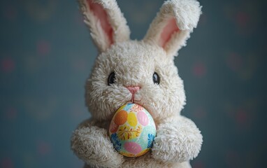 Obraz premium Plush Easter bunny toy holding a colorful painted egg