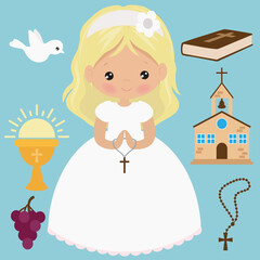 First communion girl vector cartoon illustration