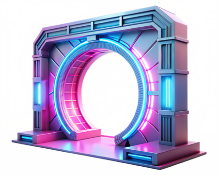 futuristic energy portal gate in pink and blue isolated on white background PNG , AI GENERATED