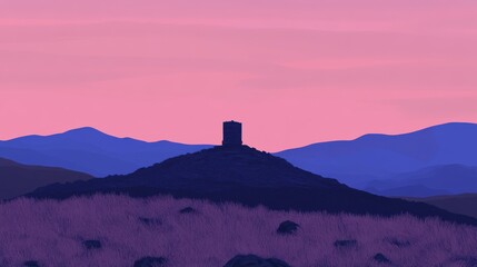 A lonely tower stands atop a mountainous terrain during twilight