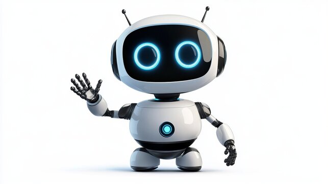 Chatbot robot isolated on a white background Vector realistic 3D AI bot waving with a smiling LED face Support service assistant cute computer technology mascot