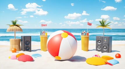 Vibrant Beach Party Setup with Speakers, Colorful Decor, and Sunshine for a Perfect Day.