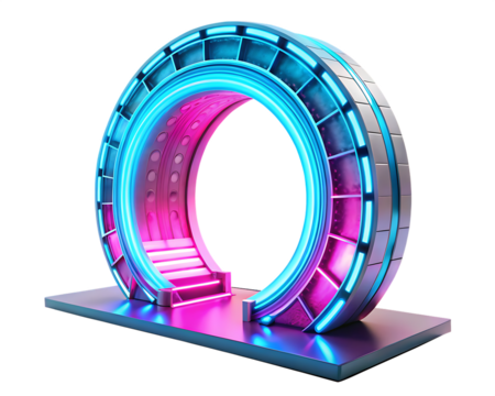 futuristic energy portal gate in pink and blue isolated on white background PNG , AI GENERATED