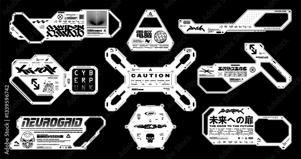 Poster Futuristic sci-fi sticker designed as a detail and HUD interface element. A retrofuturistic decal, badge, or patch in cyberpunk style, ideal for streetwear. Vector.