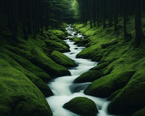 Obraz premium Serene waterfall flows through a lush forest, cascade over mossy stones, surrounded by towering trees