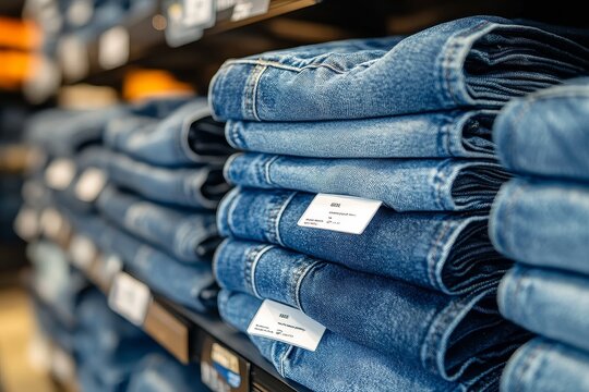 Denim jeans neatly stacked on shelves in a retail store showcasing a variety of styles and sizes