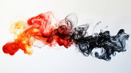A gradient of colored smoke transitioning from yellow and red to black, creating a dynamic and abstract composition against a white backdrop.
