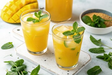 Refreshing Mango Mint Drinks Served on a Summer Day Generative AI