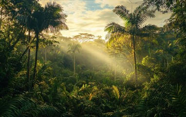 Of a dense jungle with towering trees and thick foliage under a bright tropical sky