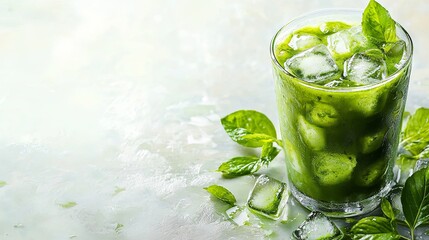 A close-up of iced green matcha tea mixed with ice cubes and milk, served in a latte glass on a white background