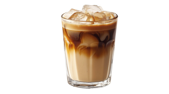  A Clear Glass Of Iced Latte With Beautiful Swirls Of Coffee And Milk, Isolated On A White Background